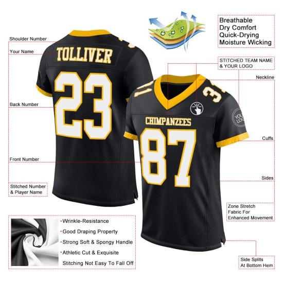 Custom Black White-Gold Mesh Authentic Football Jersey Custom Black White-Gold Mesh Authentic Football Jersey