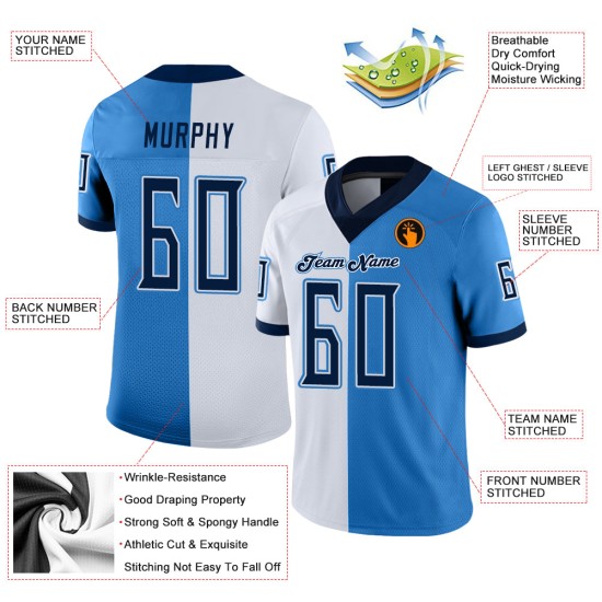 Custom Powder Blue Navy-White Mesh Split Fashion Football Jersey Custom Powder Blue Navy-White Mesh Split Fashion Football Jersey