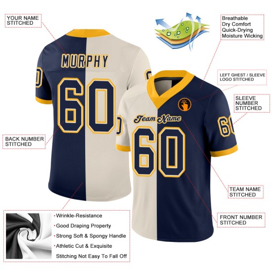 Custom Cream Navy-Gold Mesh Split Fashion Football Jersey Custom Cream Navy-Gold Mesh Split Fashion Football Jersey
